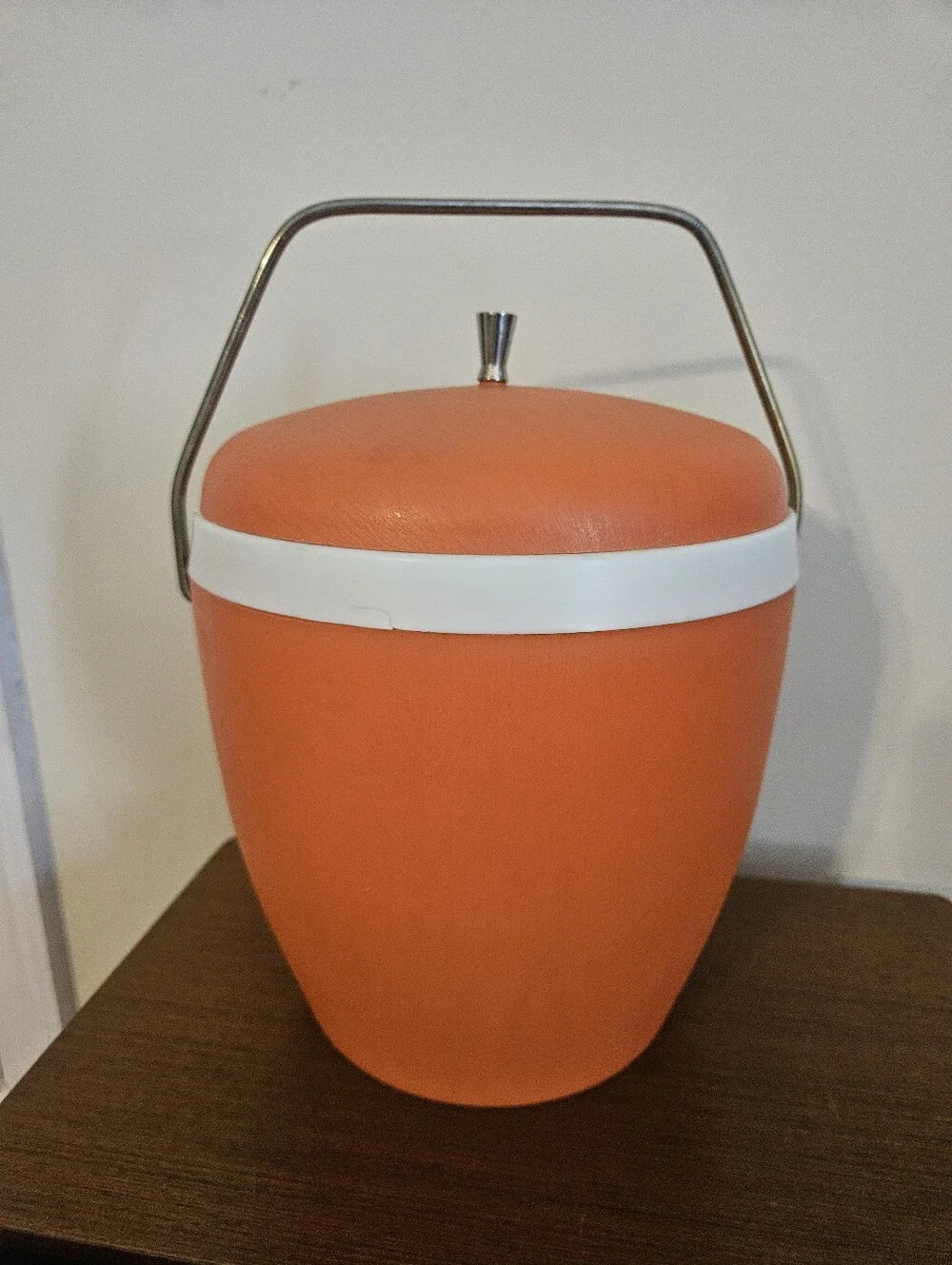 Vintage Retro Orange & White Ice Bucket With Green Cup & Tongs